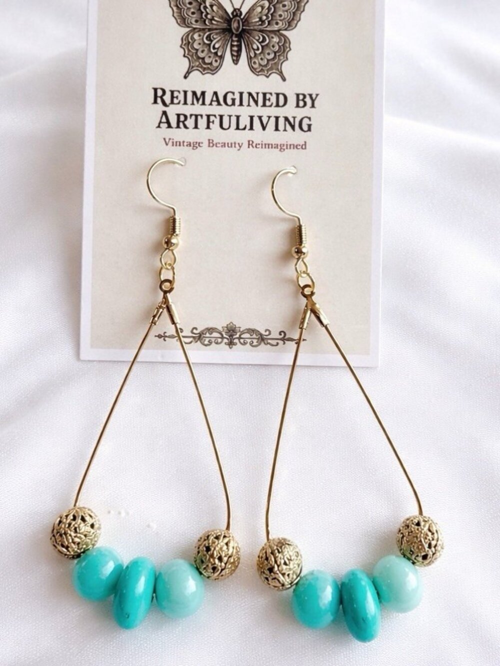 REIMAGINED Variscite Teardrop Dangle Earrings 3” Gold Tone Filigree Boho